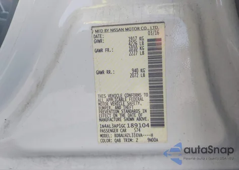 2016 Nissan Altima 2.5 Sr z USA, uszkodzony, nr VIN 1N4AL3AP1GC189104